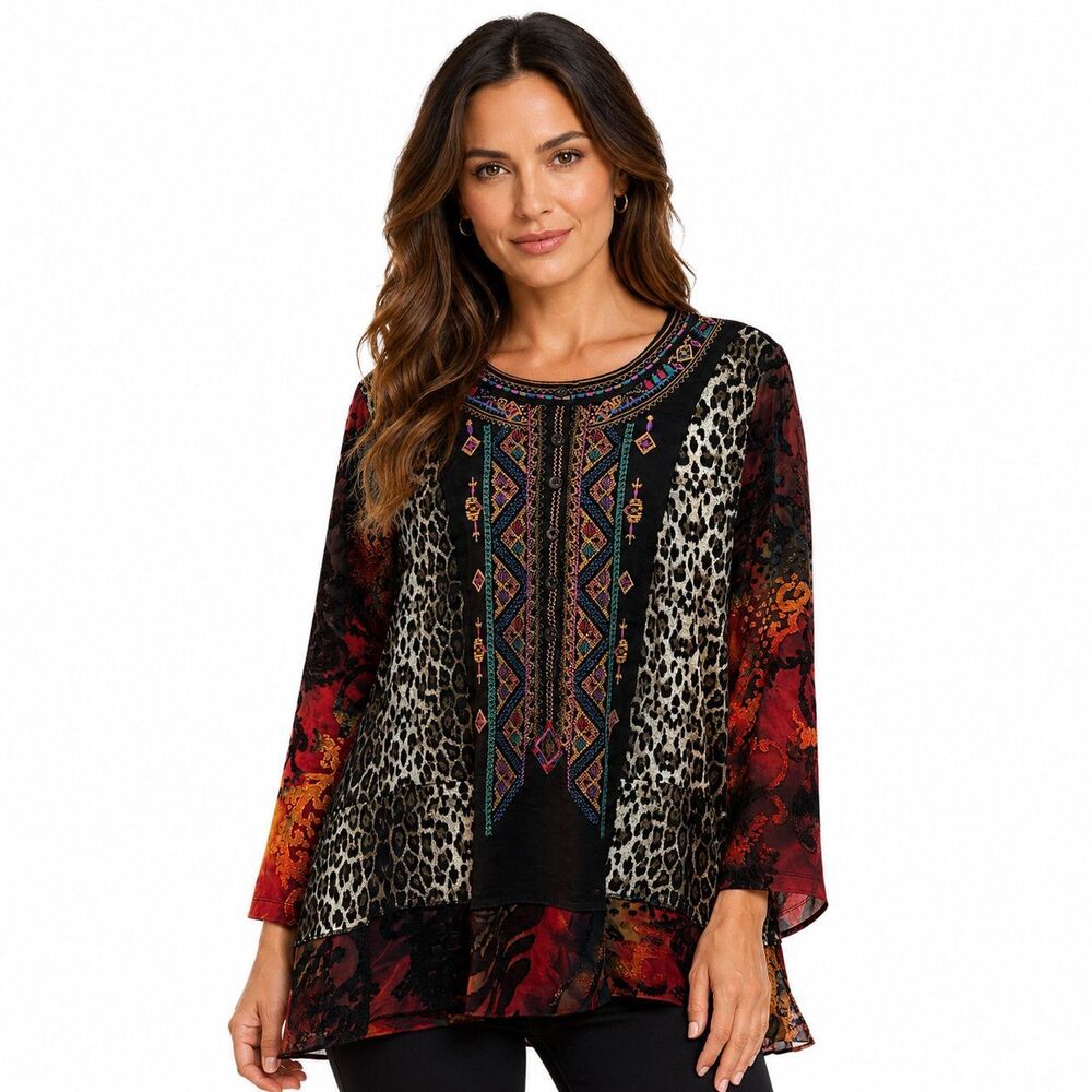 Calessa Tunic Blouse Womens XL Multicolor Animal Scoop Neck Long Sleeve Top